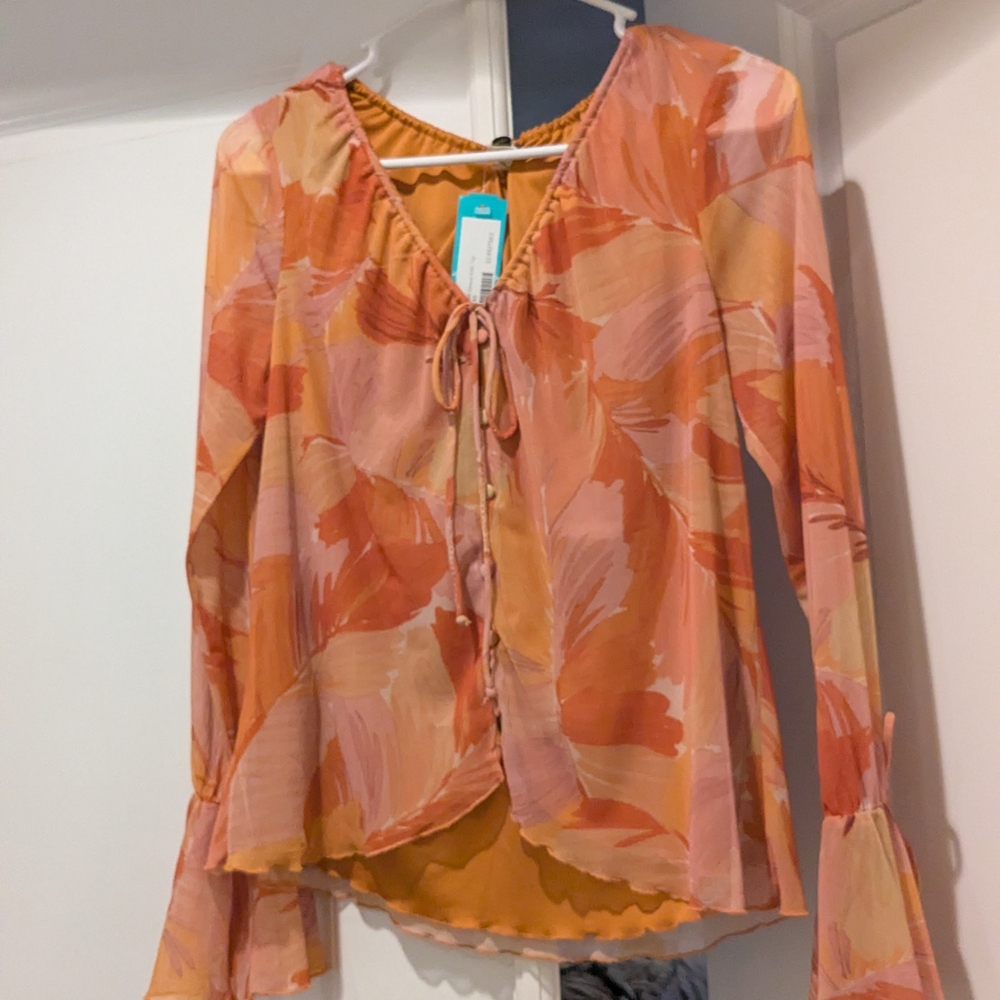 Free People Pink and Orange Floral Blouse